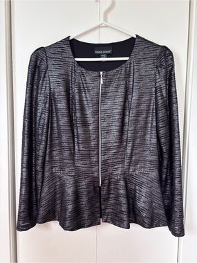 ✨Frank Lyman Metallic Zip Peplum Jacket Silver Black Size 14 Stretch